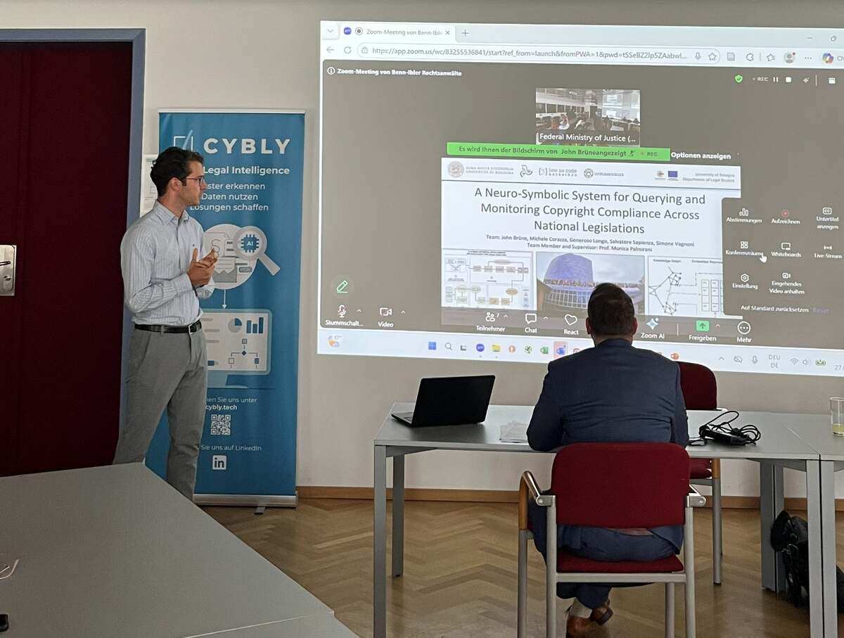 Team Bologna presenting its neuro-symbolic system for copyright compliance